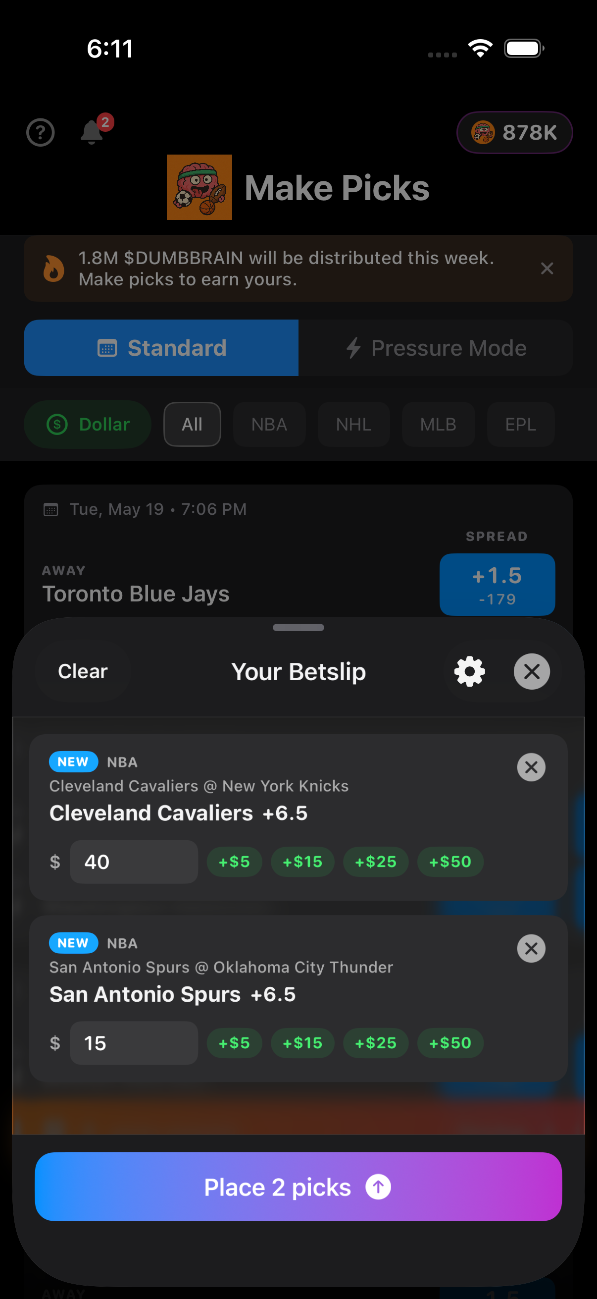 Betslip with queued picks ready to place