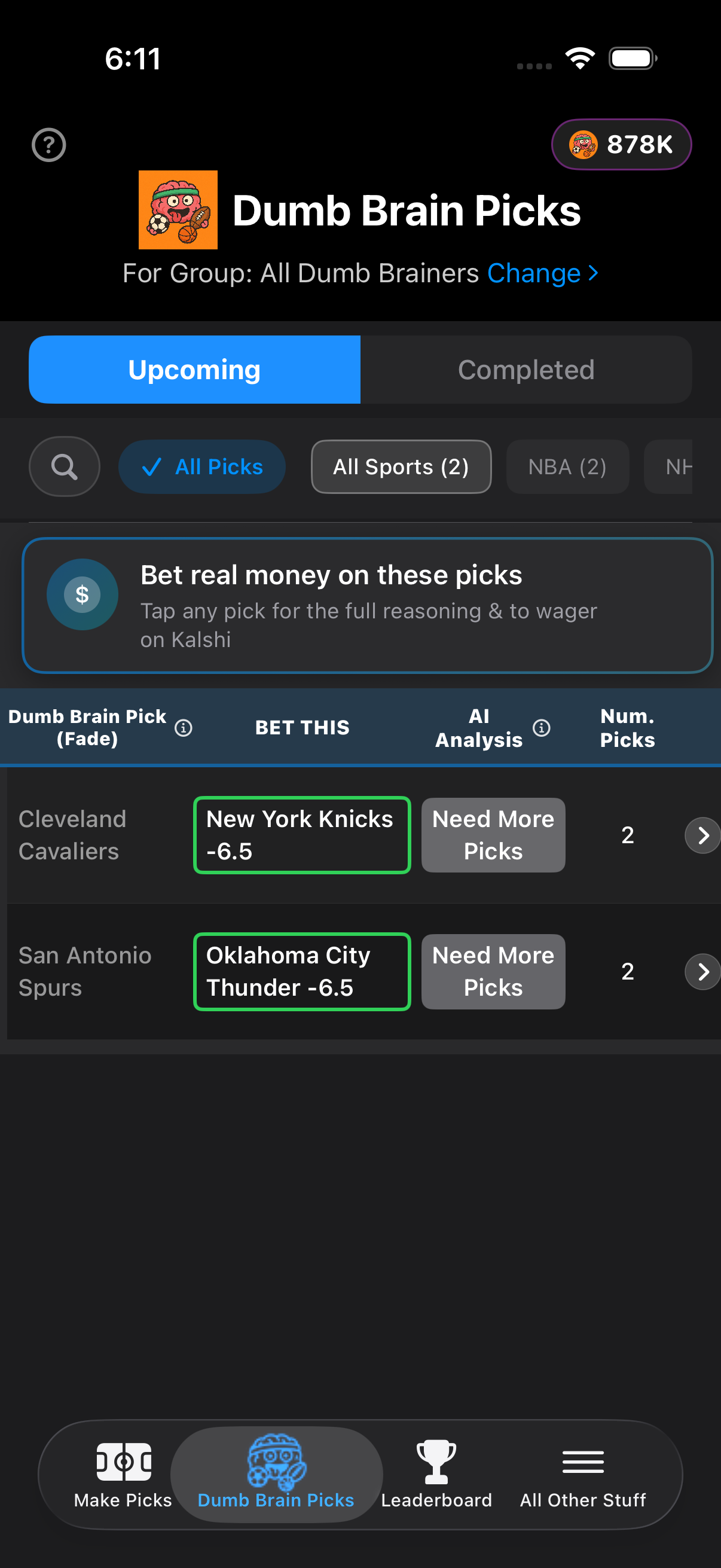 Dumb Brain Picks screen showing which side to fade and a link to bet on Kalshi