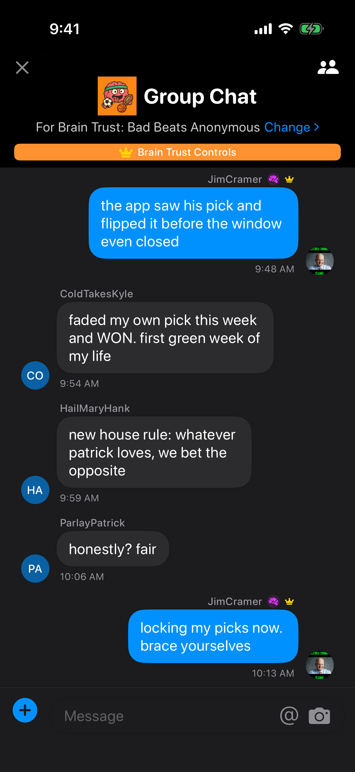 Group chat with members roasting each other's picks