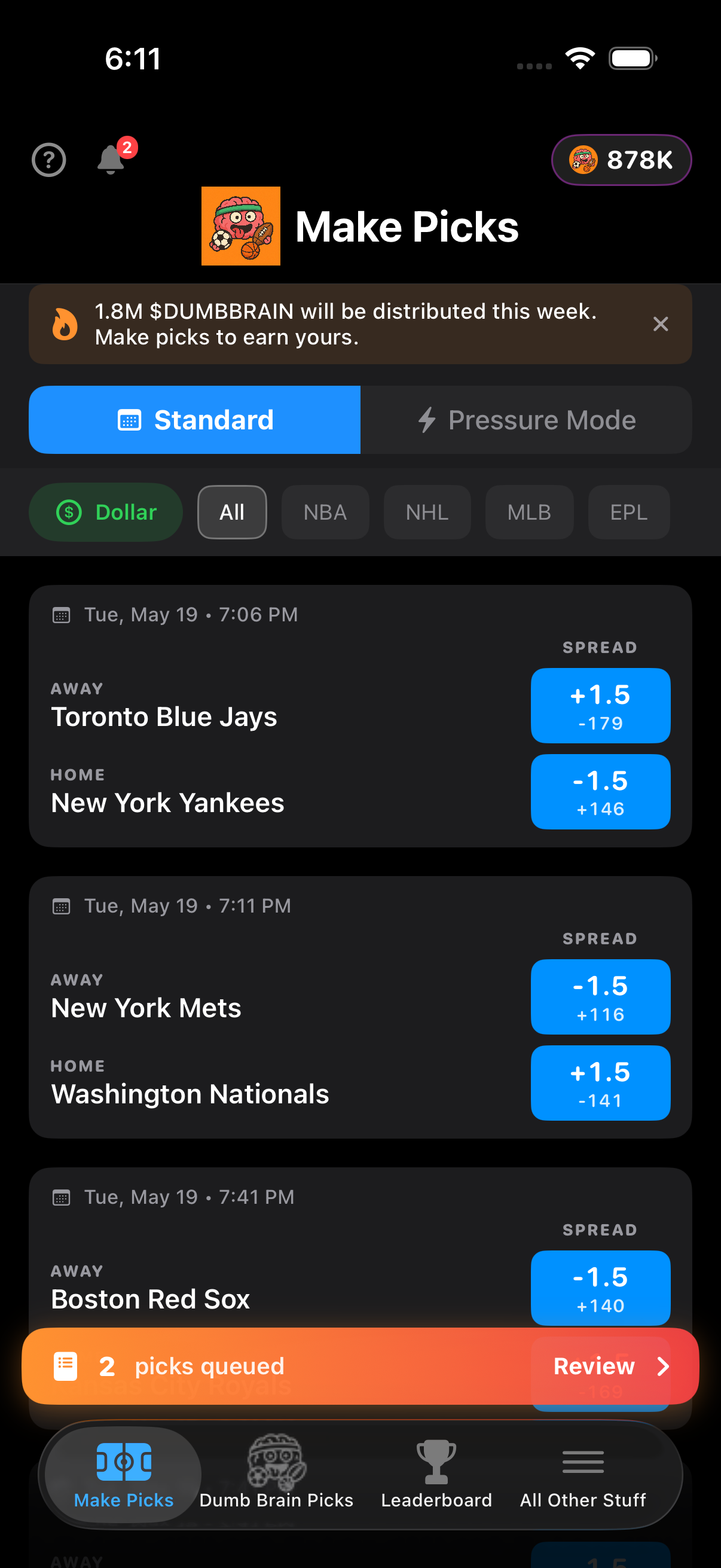 Make Picks screen showing spread picks across NBA, NHL, MLB and EPL