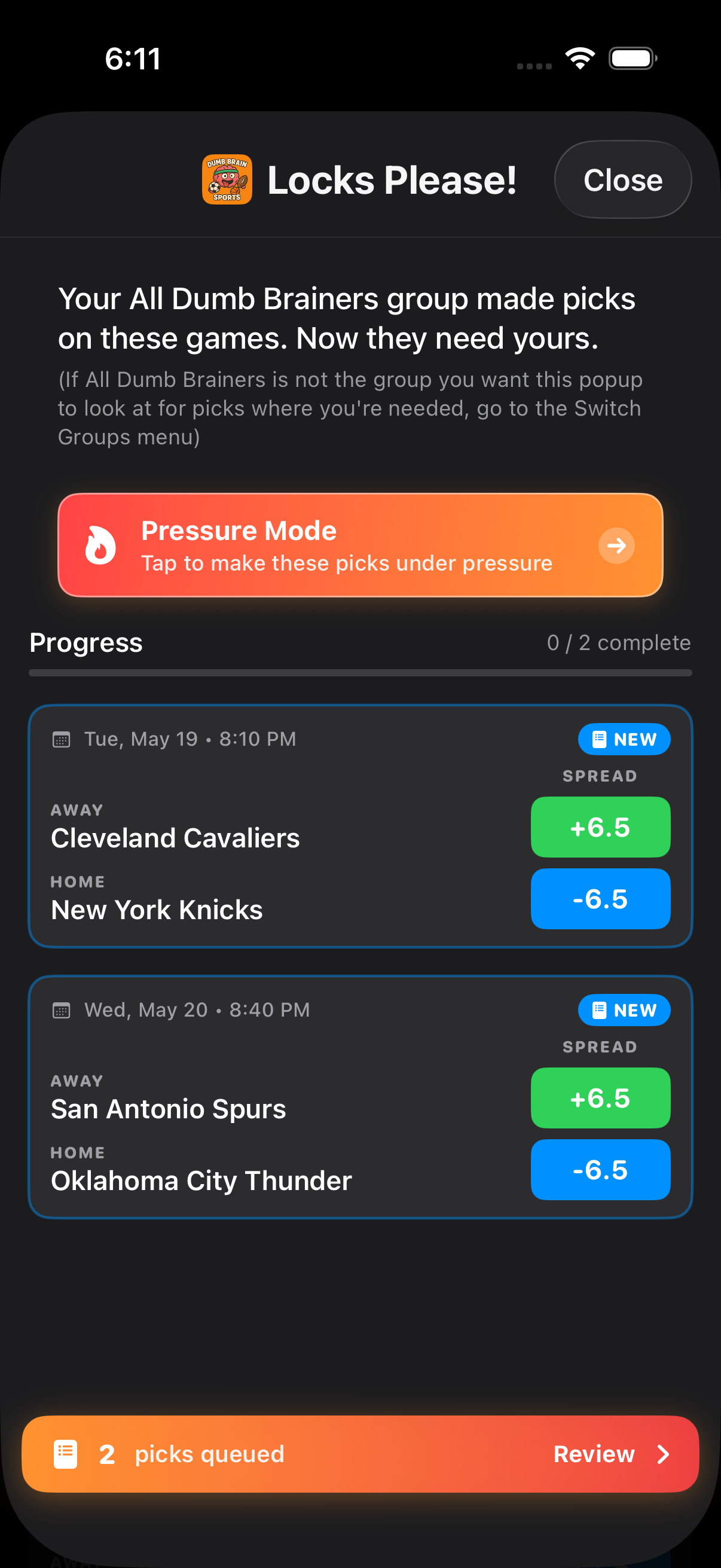 Pressure Mode prompting picks under a countdown