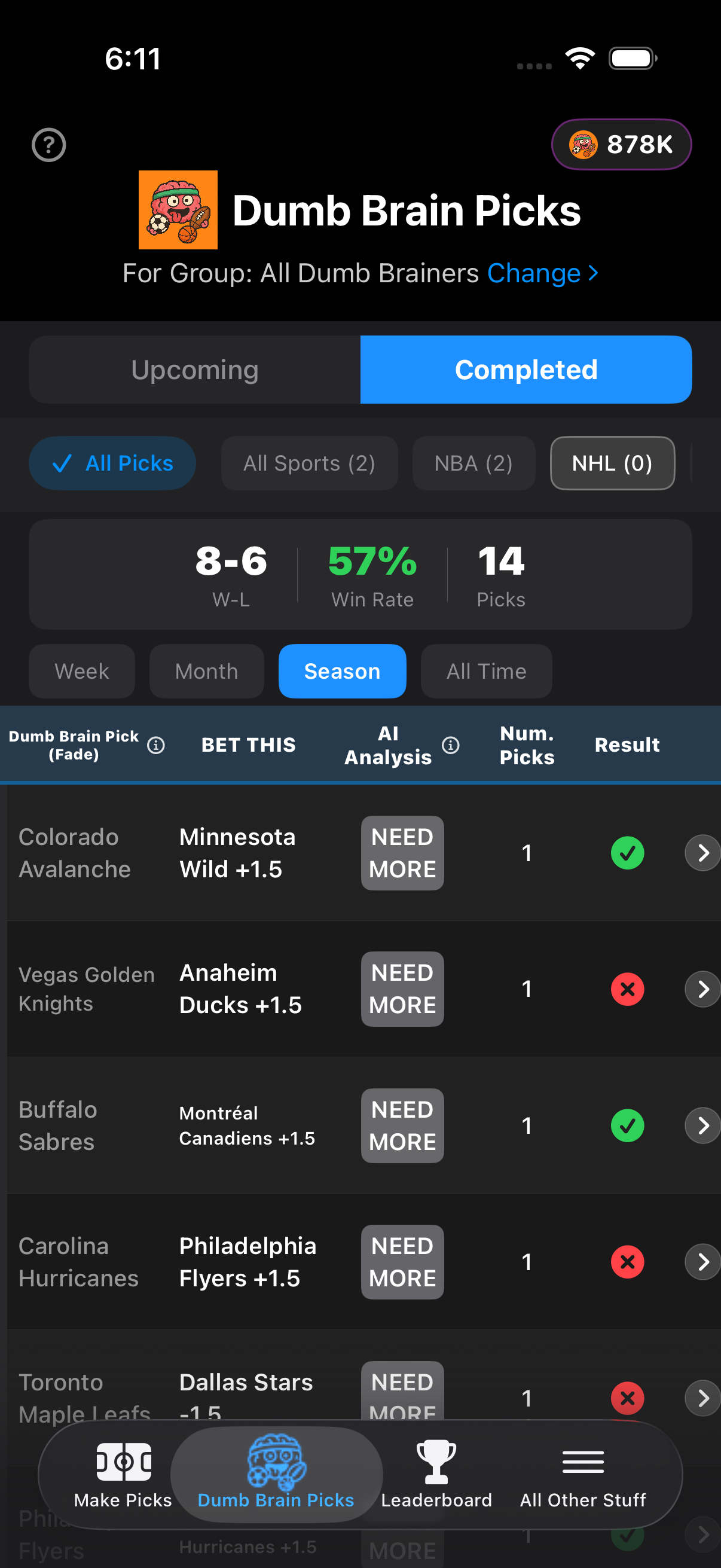 Completed picks showing win/loss record and win rate