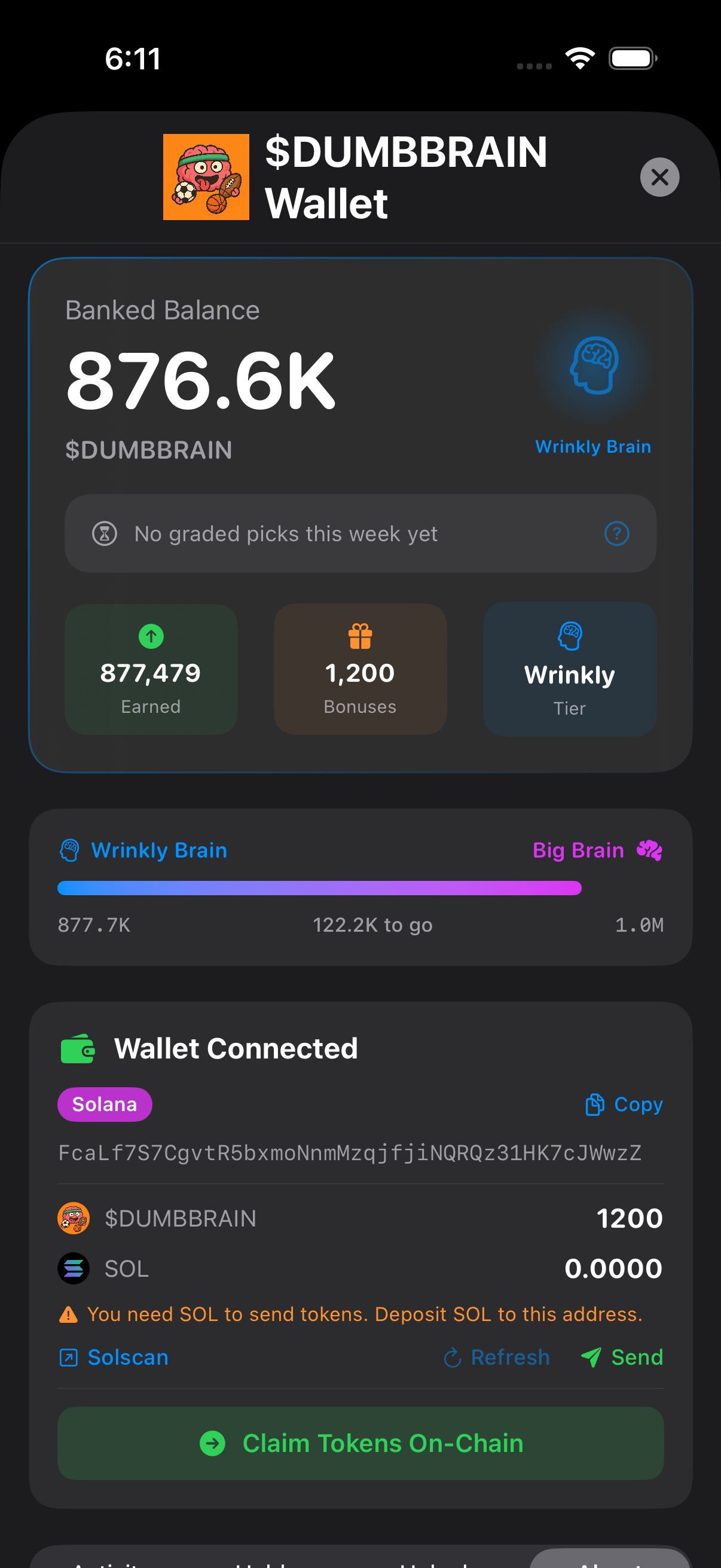 DUMBBRAIN wallet with banked balance and tiers